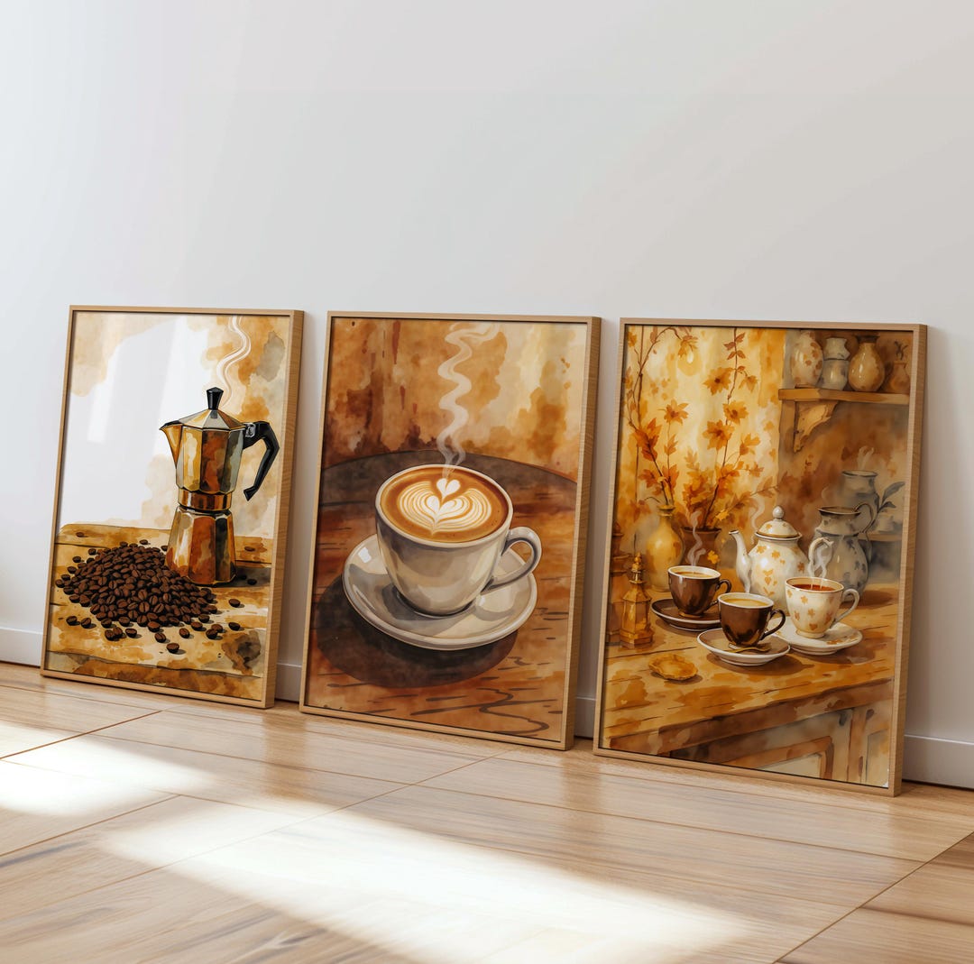 set of 8 kitchen prints, coffee print set, fork spoon... Watercolor Coffee Print Set | Moka Pot, Latte, Coffee Bar (digital ...