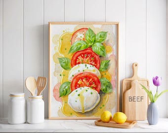 Impresión de acuarela de ensalada Caprese • Arte de cocina italiana (descarga digital) f001