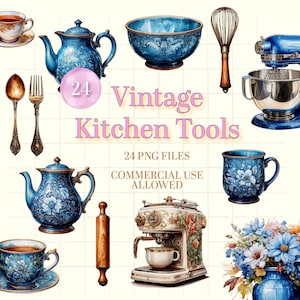 Cottagecore Küchenhelfer: Blau & Weiß Utensilien Clipart | Viktorianischer Stil | Vintage Küchenartikel | Tea Time und Back Illustrationen