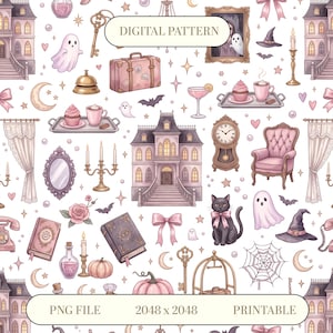 Pastel Halloween Seamless Pattern | Haunted Hotel | Watercolor Pink Halloween Background | Vintage Ghost Hotel | Spooky Sleepover  PNG