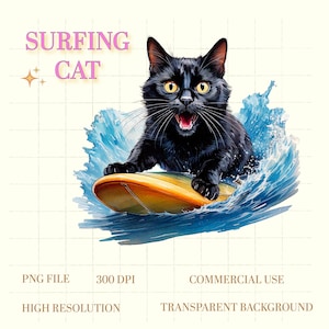 Gatto surfista - Divertente gatto nero sulla tavola da surf Clipart - Surfista PNG - Clipart di surf - Gatto surfista PNG per maglietta, inviti per feste in spiaggia