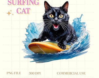 サーフィン猫のクリップアート、サーフボードに乗ったトラ猫、かわいい