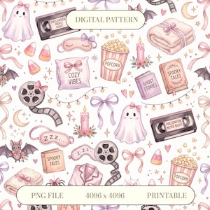 Pastel Halloween Seamless Pattern | Digital Paper | Watercolor Pink Halloween Background | Cute Girl Movie Night | Spooky Sleepover PNG