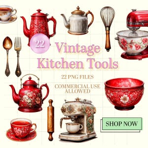 Paquete de imágenes prediseñadas victorianas / Herramientas de cocina PNG / Invitaciones para la hora del té / Ilustraciones para hornear / Tarjetas de recetas / Imágenes prediseñadas de cocina cottagecore