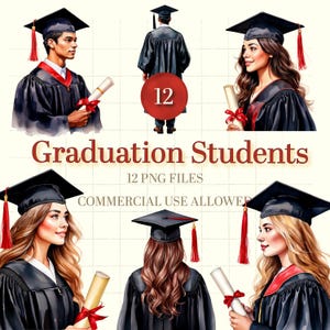 12 imágenes prediseñadas de estudiantes de graduación en acuarela / Paquete PNG de graduación / Para invitaciones, calcomanías e impresiones de sublimación para fiestas de graduación