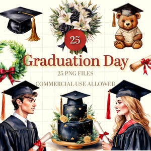 Clipart di laurea / PNG di laurea ad acquerello / Torta di laurea / Ragazze laureate / Per biglietti di laurea e stampe a sublimazione