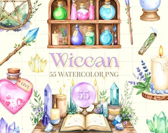 May include: Watercolor illustration featuring Wiccan-themed elements. Includes a wooden shelf with potion bottles, crystals, a crystal ball, candles, a wand, and an open book. The text "Wiccan 55 Watercolor PNG" is also present.