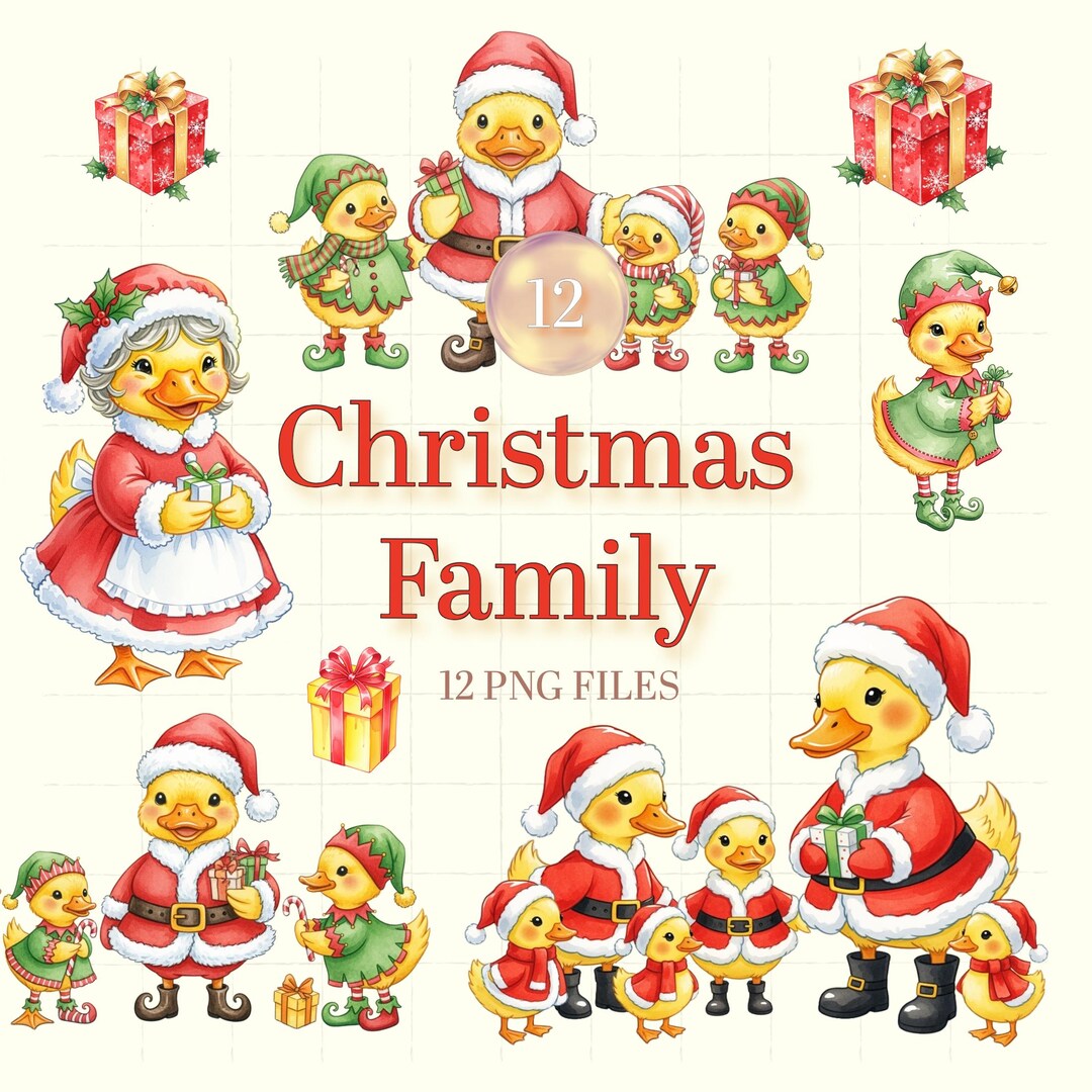 Christmas Duck Family Clipart Set – Cute Watercolor Ducks in Santa and ...