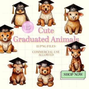 Abschlusstiere PNG Bundle - 15 süße Abschlusstiere Illustrationen - Sublimationskunst für T-Shirts, Hoddies, Einladungskarten & Geschenke