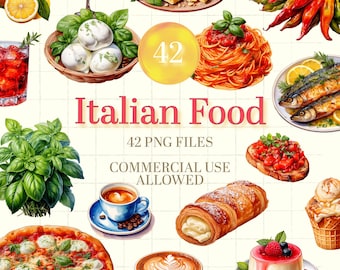 Watercolor Italian Food Clipart: Pizza, Pasta, Spaghetti, Gnocchi, Cappuccino, Mediterranean Cusine - for Meal Planners and Menu (42 PNG)