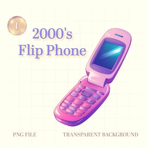 Pode incluir: Ilustração de um telemóvel dobrável rosa e roxo dos anos 2000, com um ecrã azul. O telemóvel está aberto, revelando o teclado. O texto "2000's Flip Phone" está acima do telemóvel. As palavras "PNG FILE" e "TRANSPARENT BACKGROUND" estão em baixo.