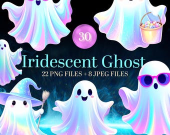 Iridescent Halloween Ghost Clipart - Pastel Kawaii PNG Stickers - Glitter Ghost - Florecent Ghost (Digital Download)