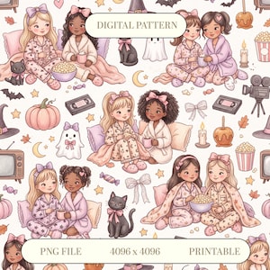 May include: A digital pattern featuring illustrations of children in pajamas, black cats, ghosts, pumpkins, popcorn, VHS tapes, and bows. The repeating design includes text reading DIGITAL PATTERN, PNG FILE, 4096 x 4096, and PRINTABLE.