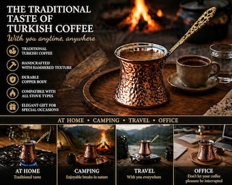 Cafetera turca de cobre martillado hecha a mano (Cezve) – Cafetera tradicional para acampar, viajar, el hogar y la oficina – Regalo único