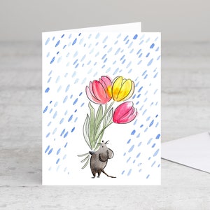 Mouse and Tulips to Brighten a Rainy Day Notecard