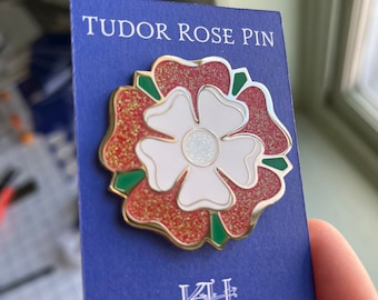 Shiny and Sparkly Tudor Rose Metallic Brooch with Red and Green Enamel Color