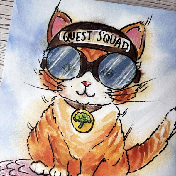 Lámina artística en acuarela de Broccoli, el gato atigrado naranja del escuadrón de búsqueda de Fourth Wing