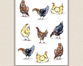 Watercolor Chickens, Barnyard Scene, Happy Hen Art Instant Digital Download