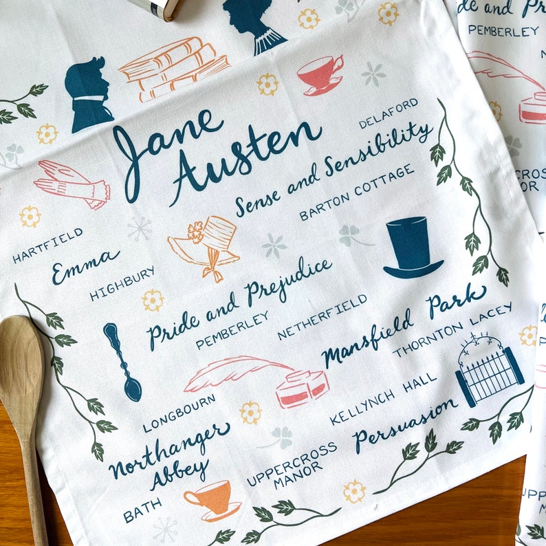 Jane Austen Book Lovers Deluxe Cotton Kitchen Tea Towel with Loop image 1