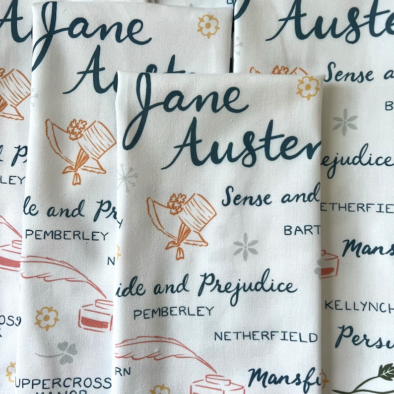 Jane Austen Book Lovers Deluxe Cotton Kitchen Tea Towel with Loop image 2