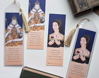 Anne Boleyn and Elizabeth I Tudor Queen portrait bookmark with inspirational quote