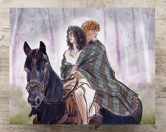 The Eternal Love Story of Jamie and Claire | Watercolor Art Print | Outlander Gifts | Horseback Riding | Inverness Scotland