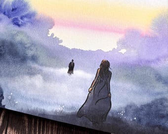 May include: A watercolour painting depicting two figures in a misty landscape. One figure stands in the foreground wearing a long dark dress, while a second smaller figure stands in the distance. The sky features soft gradients of yellow, pink, and purple.