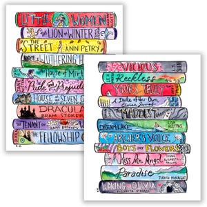 May include: A watercolor illustration of two stacks of books with the titles of each book visible. The books on the left stack include "Little Women", "The Lion in Winter", "The Street", "Wuthering Heights", "The House of Mirth", "Pride and Prejudice", "House of the Seven Gables", "Dracula", "The Tenant of Wildfell Hall", and "The Fellowship of the Ring". The books on the right stack include "Vicious", "Reckless", "Yours Truly", "A Duke of Her Own", "The Maddest Obsession", "Dreamlake", "Archer's Voice", "Boys Over Flowers", "Kiss An Angel", "Paradise", and "Waking Olivia".