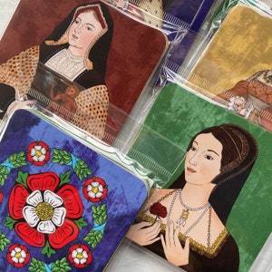 Henry VIII and his Six Wives Paper Coaster Set including Tudor Rose