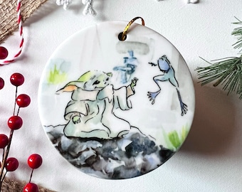 Adorable Alien Playing with a Frog Ceramic Ornament