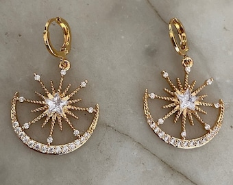 Large Crystal Moon & Star Huggie Hoop Earrings