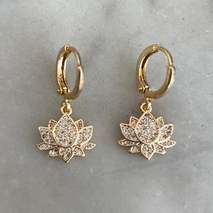 Crystal Lotus Flower Huggie Hoop Earrings