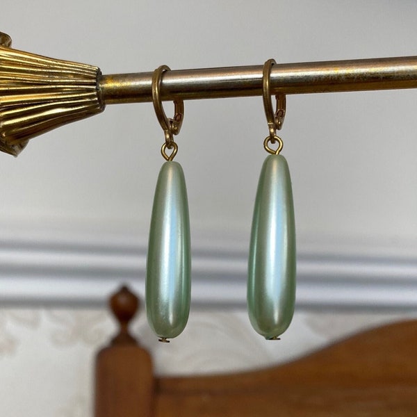 Long Vintage Mint Green Pearl Drop Earrings