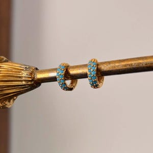 Può includere: Un paio di orecchini a cerchio color oro con pietre color turchese. Gli orecchini sono esposti su un'asta color oro. Lo sfondo comprende uno specchio con cornice in legno e vegetazione.