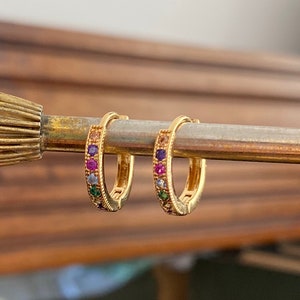Rainbow Crystal Hoop Earrings – 16k Gold-Plated or Rhodium-Plated – Colourful Huggie Hoops – Dainty Gift for Her – Everyday Jewellery