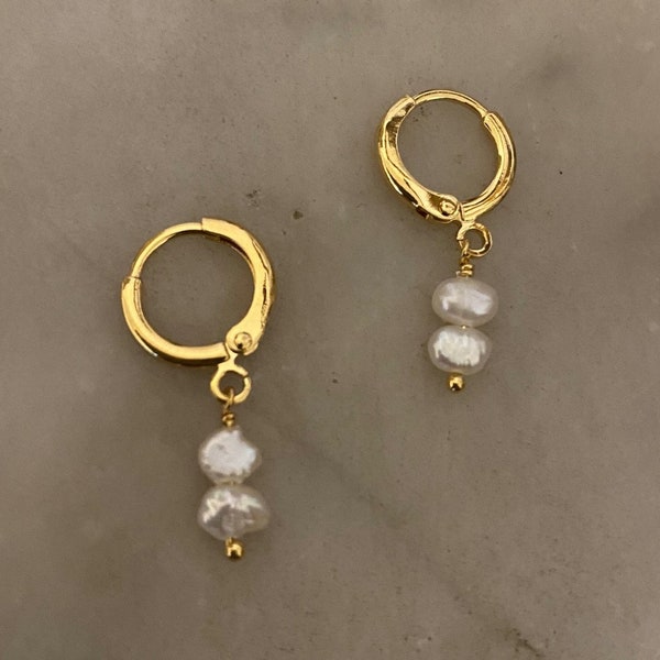 Double Fresh Water Pearl Huggie Hoop Earrings