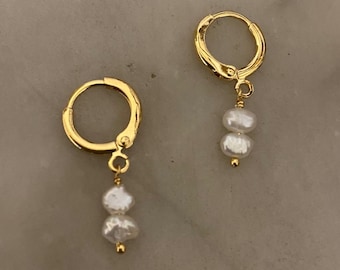 Double Fresh Water Pearl Huggie Hoop Earrings