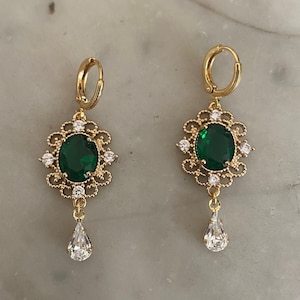 Emerald Green & Crystal Drop Earrings