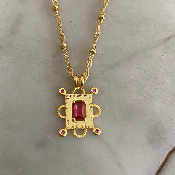 Art Deco Fuchsia Pink Rectangle  Necklace