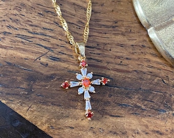 Ruby Red & Crystal Cross Necklace