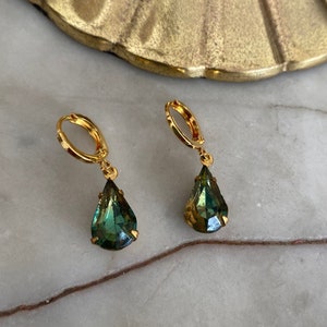Vintage Green & Topaz Glass Teardrop Jewel Huggie Hoop Earrings
