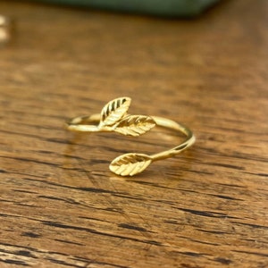 Puede incluir: Un anillo abierto de tono dorado que presenta dos pequeños acentos texturizados en forma de hoja en cada extremo de la banda. El anillo tiene un diseño cruzado, lo que permite que las dos hojas se superpongan ligeramente al usarlo.