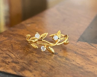 Gold Leaf Adjustable Ring, CZ Crystal Vine Ring, Gold Plated Nature Ring, Botanical Wrap Ring, Gift for Her