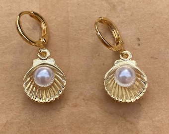 Gold Shell & Pearl Huggie Hoop Earrings