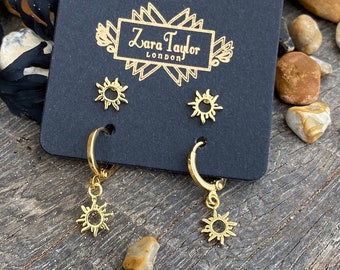 Gold Or Silver Sun Charm Huggie Hoop Earrings