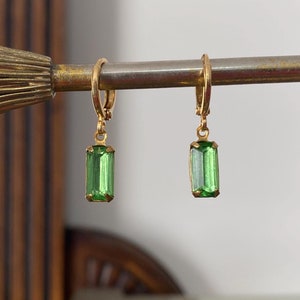 Vintage Peridot Green Glass Rectangle Huggie Hoop Earrings