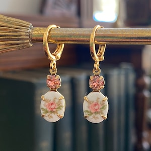 Gold Vintage Pink Rose Cameo Huggie Hoop Earrings