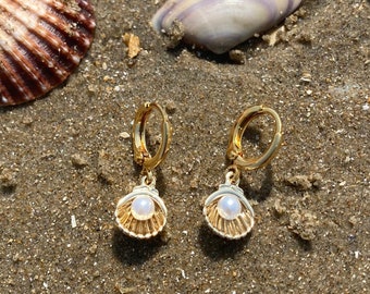 Gold Shell & Pearl Huggie Hoop Earrings