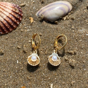 Gold Shell & Pearl Huggie Hoop Earrings