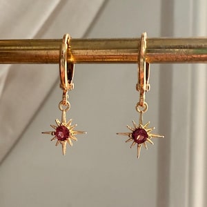 Ruby Red Star Huggie Hoop Earrings Celestial Dangle Hoops